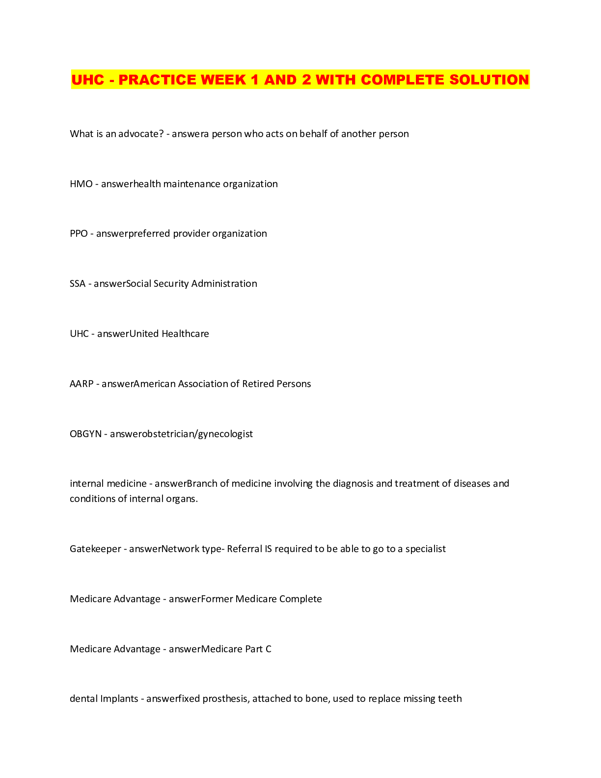 UHC PRACTICE WEEK 1 AND 2 WITH COMPLETE SOLUTION Browsegrades